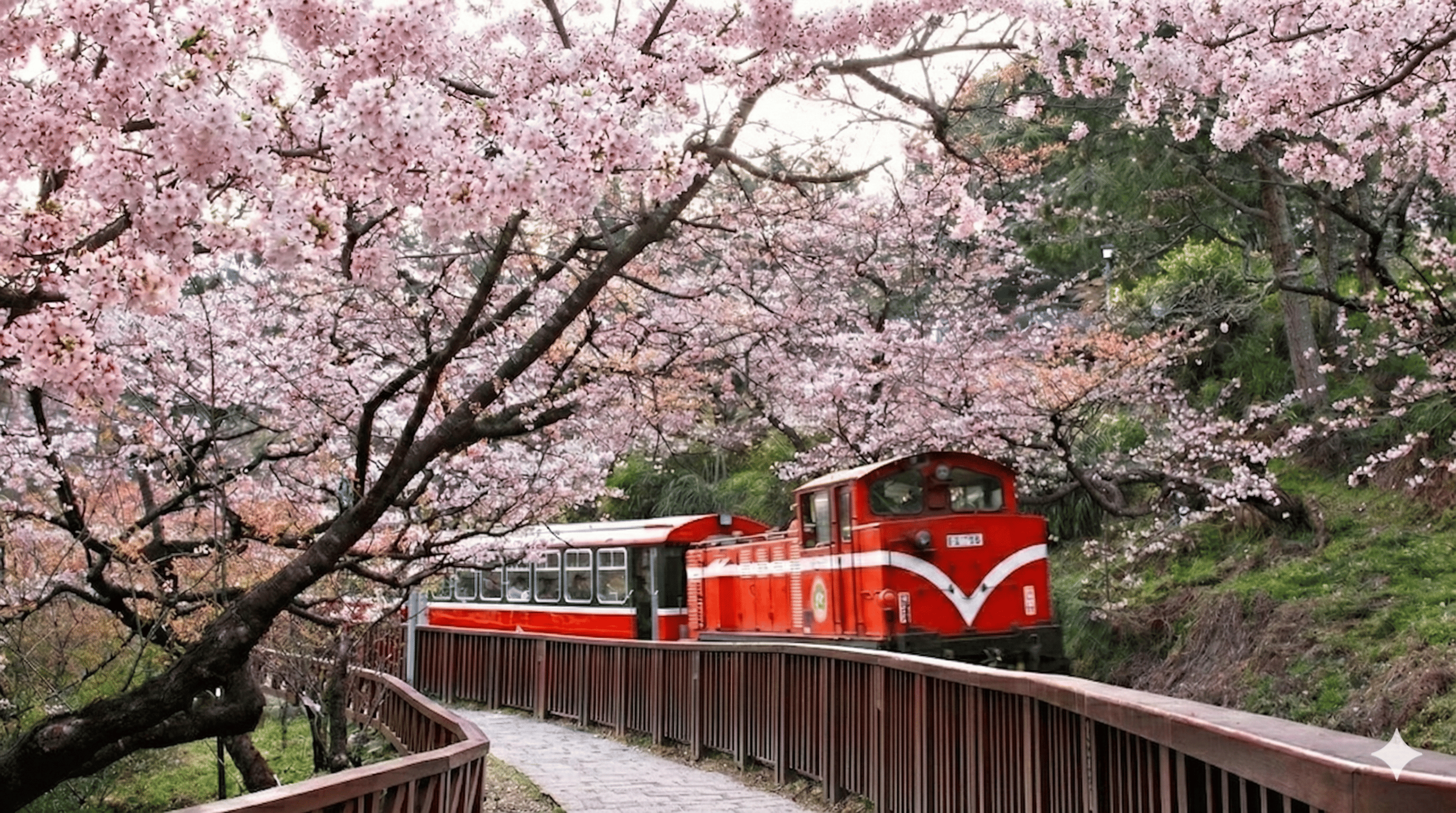Alishan Forest Railway passing through Cherry Blossom Forest